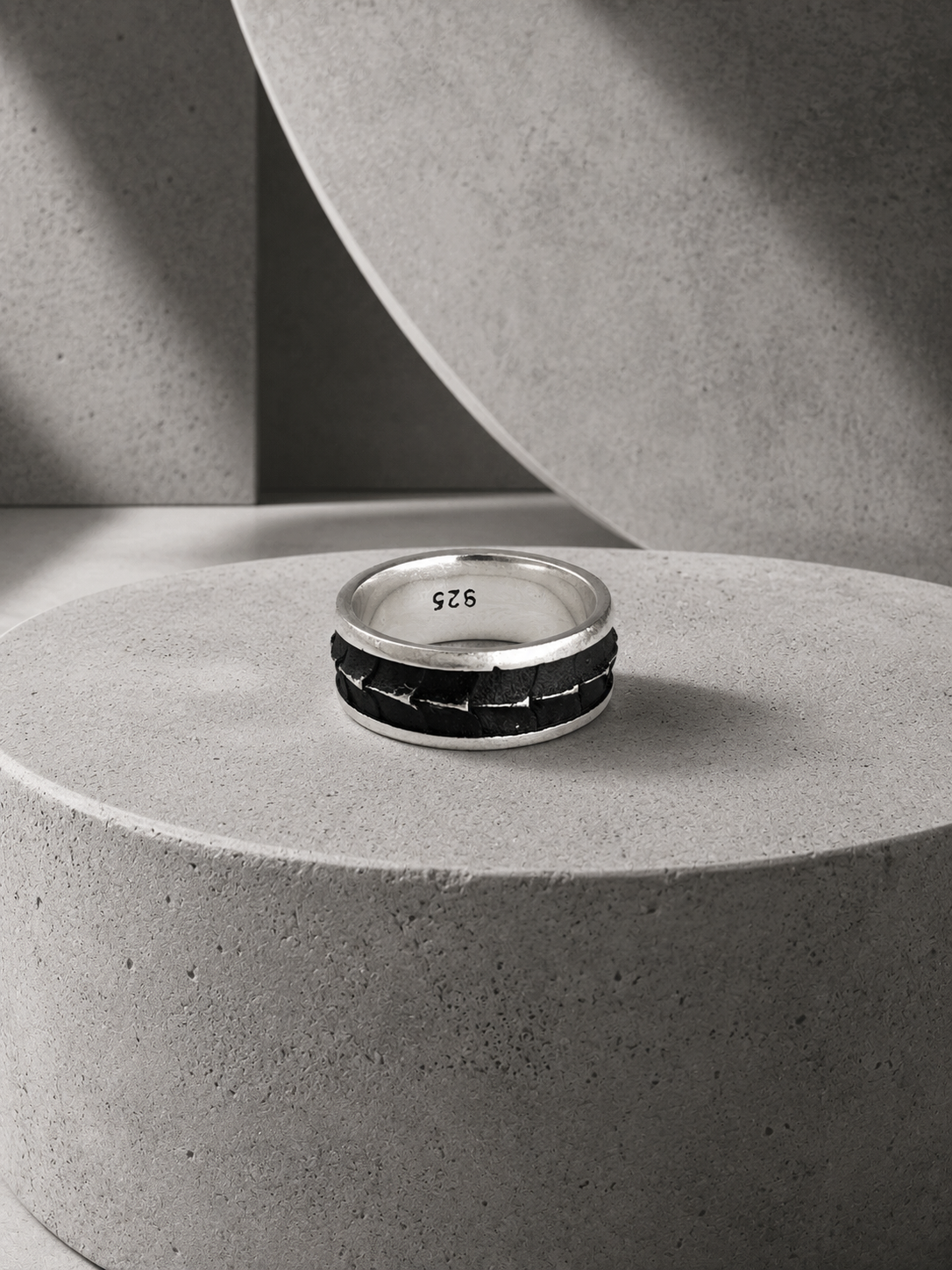 Silver Black Tyre Ring Band