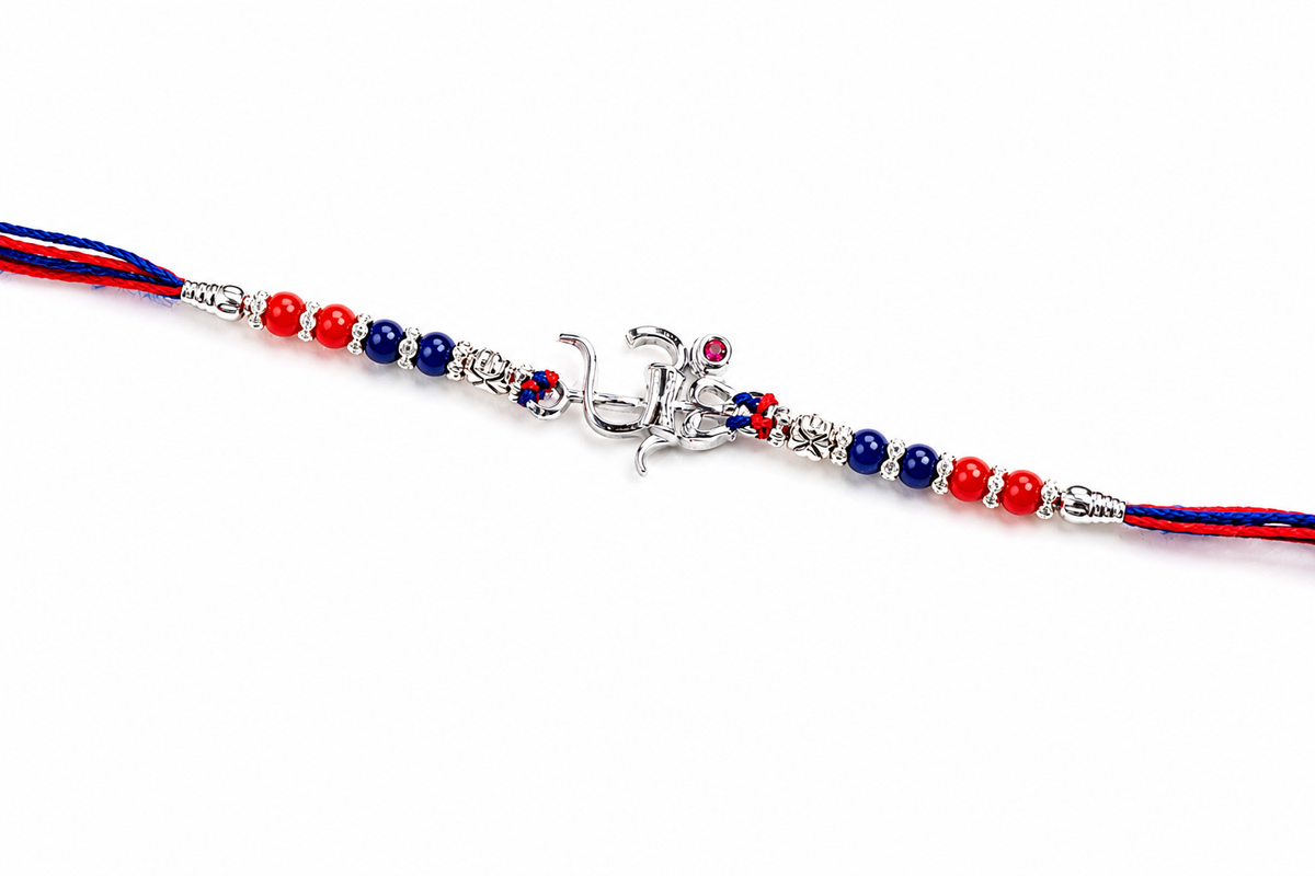 Om Trishul Red Stone Silver Rakhi
