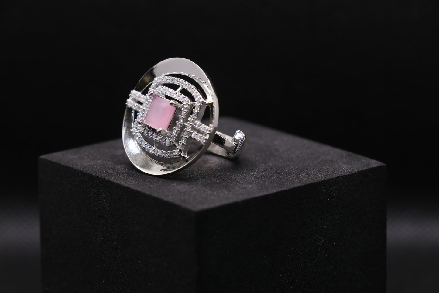 Pink Stone Silver Cocktail Ring