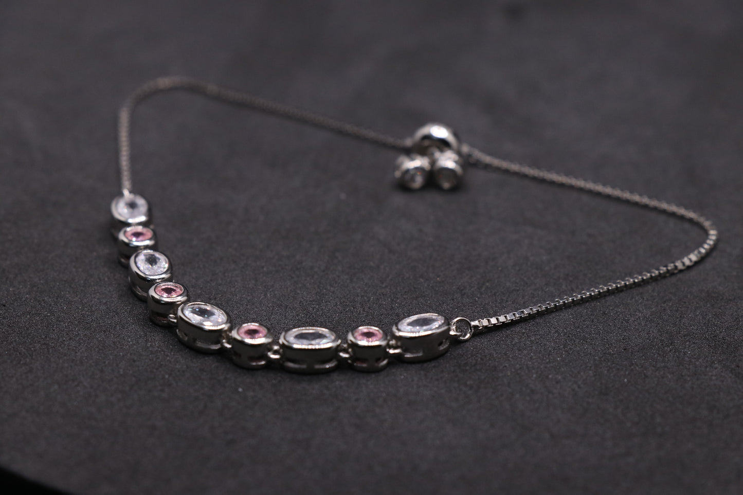 Pink and White Zircon Silver Chain Bracelet