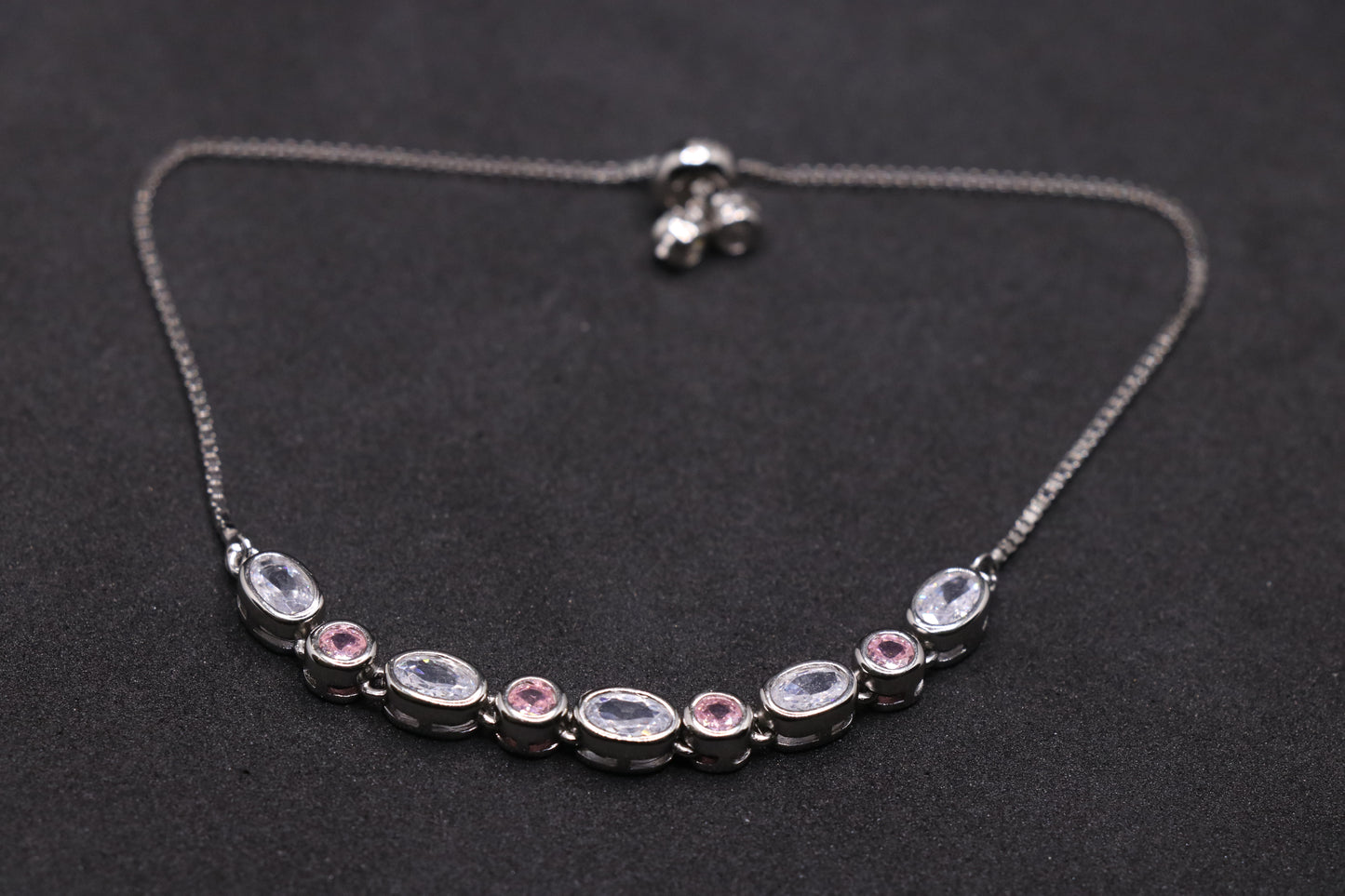 Pink and White Zircon Silver Chain Bracelet