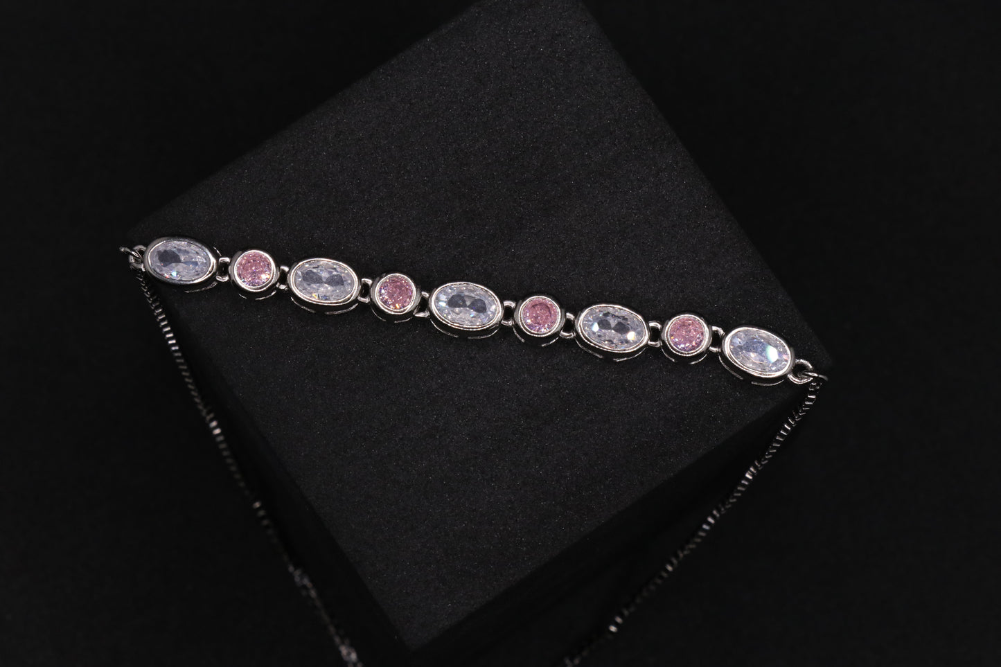 Pink and White Zircon Silver Chain Bracelet