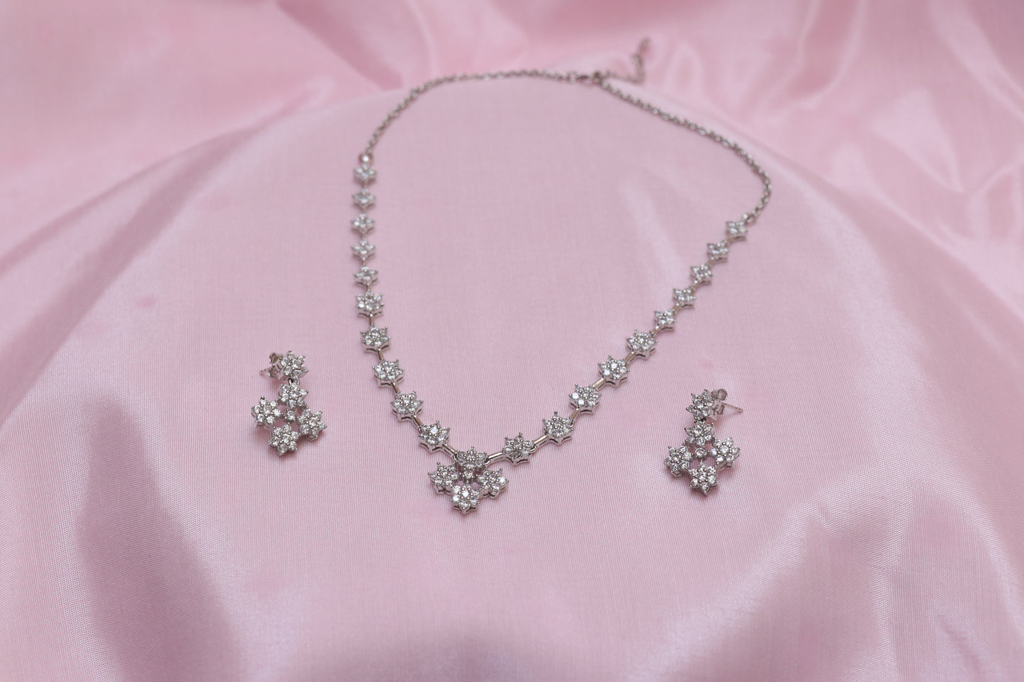 Rhodium-Plated Stone Studded Necklace & Earrings Set
