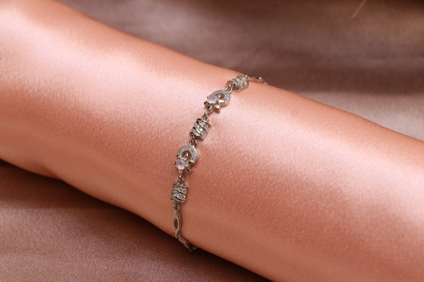 Pink Stone Silver Chain Bracelet