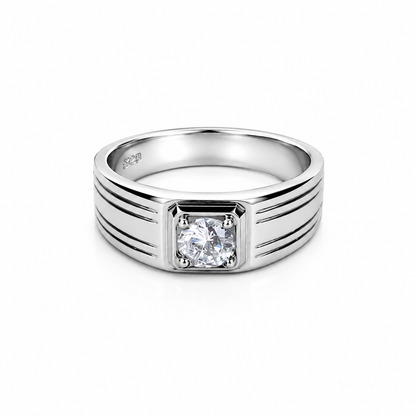 Solitaire Double Lines Silver Ring