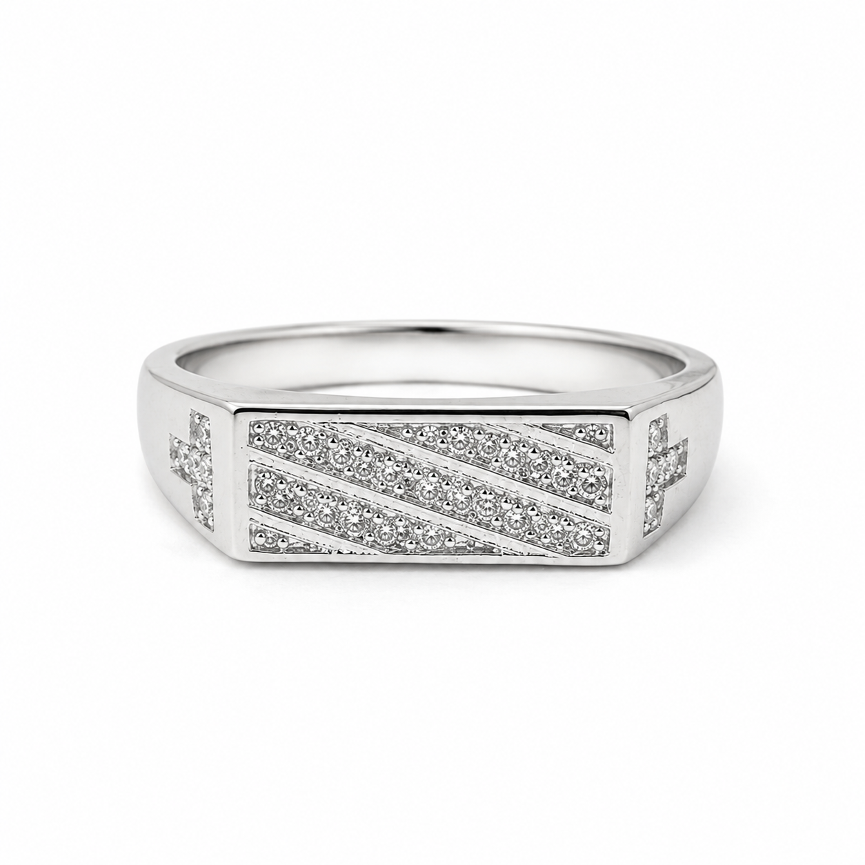 Studded Cross Lines Silver Ring