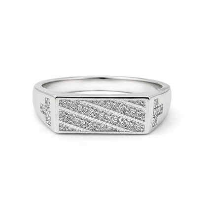 Studded Cross Lines Silver Ring