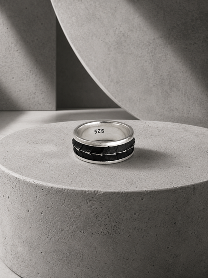 Silver Black Tyre Ring Band