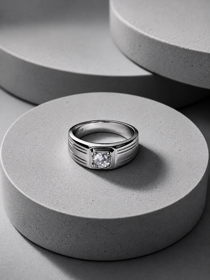 Solitaire Double Lines Silver Ring
