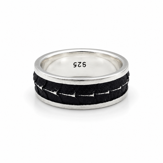 Silver Black Tyre Ring Band