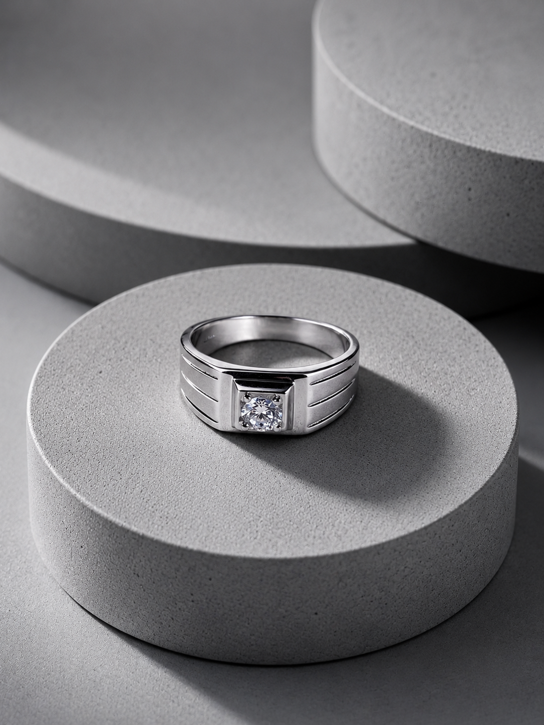 Solitaire Three Lines Silver Ring