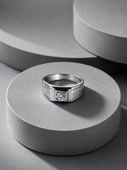 Solitaire Three Lines Silver Ring