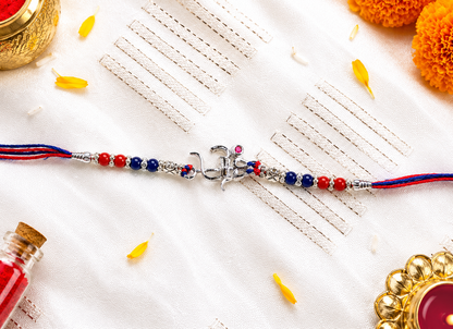 Om Trishul Red Stone Silver Rakhi