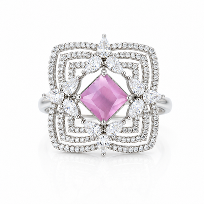 Studded Pink Stone Silver Ring