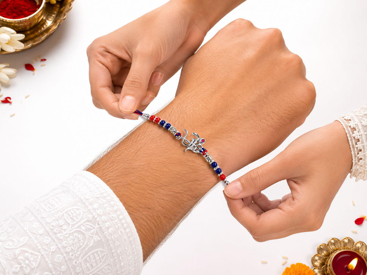 Om Trishul Red Stone Silver Rakhi