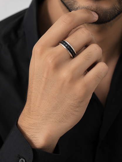 Silver Black Tyre Ring Band