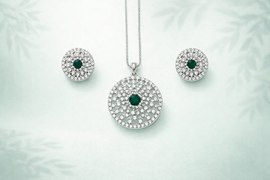 SIlver Studded Emerald Pendant Set