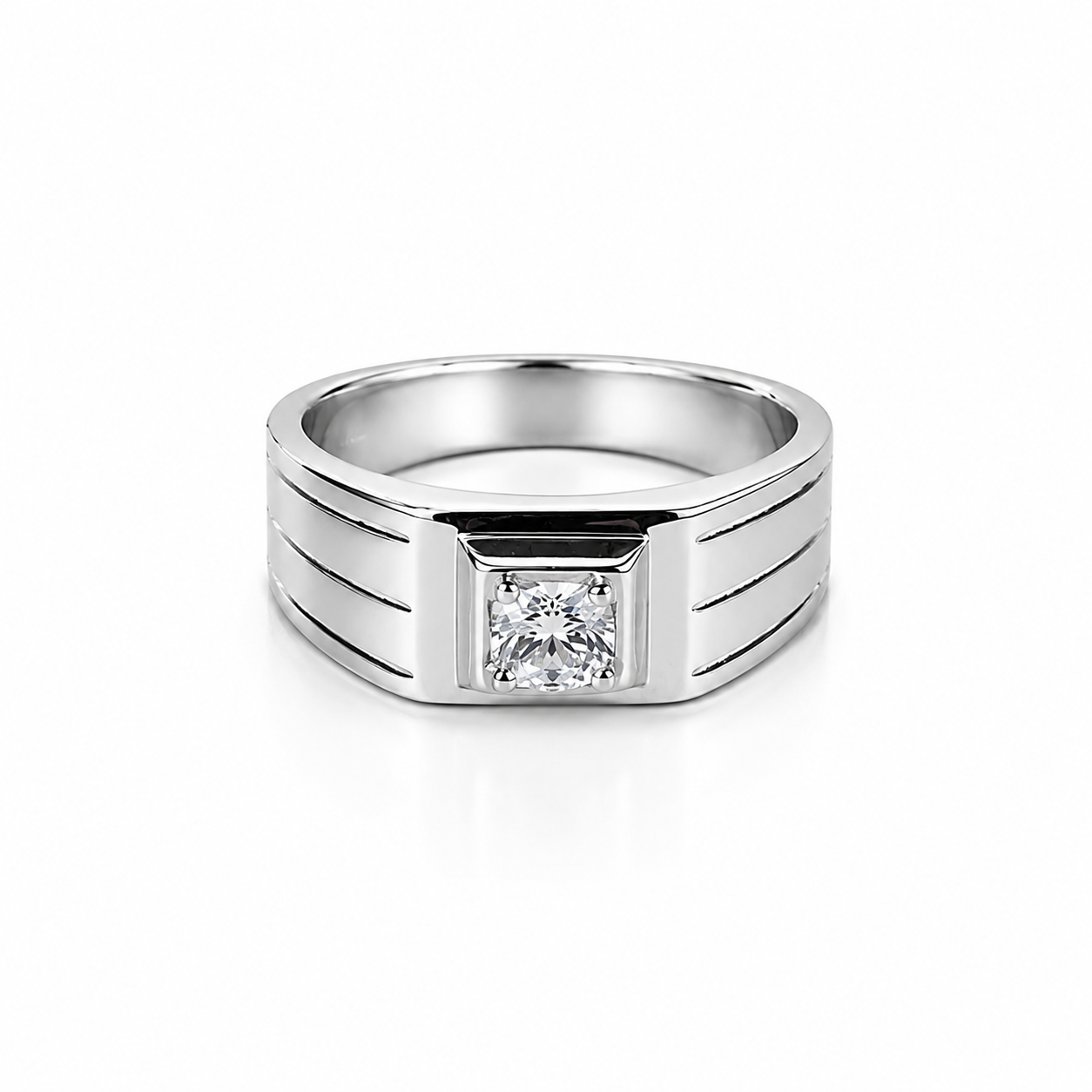 Solitaire Three Lines Silver Ring