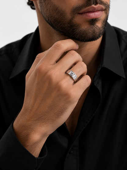 Solitaire Double Lines Silver Ring