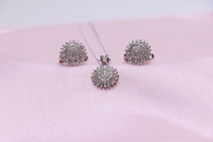 Flower Studded Silver Pendant Set