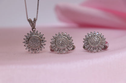 Flower Studded Silver Pendant Set