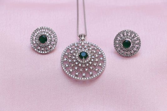 SIlver Studded Emerald Pendant Set