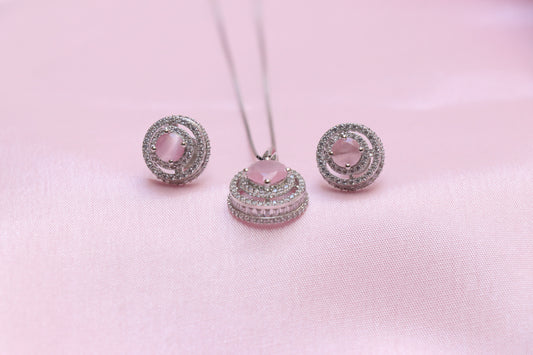 Silver Pink Stone Pendant Set