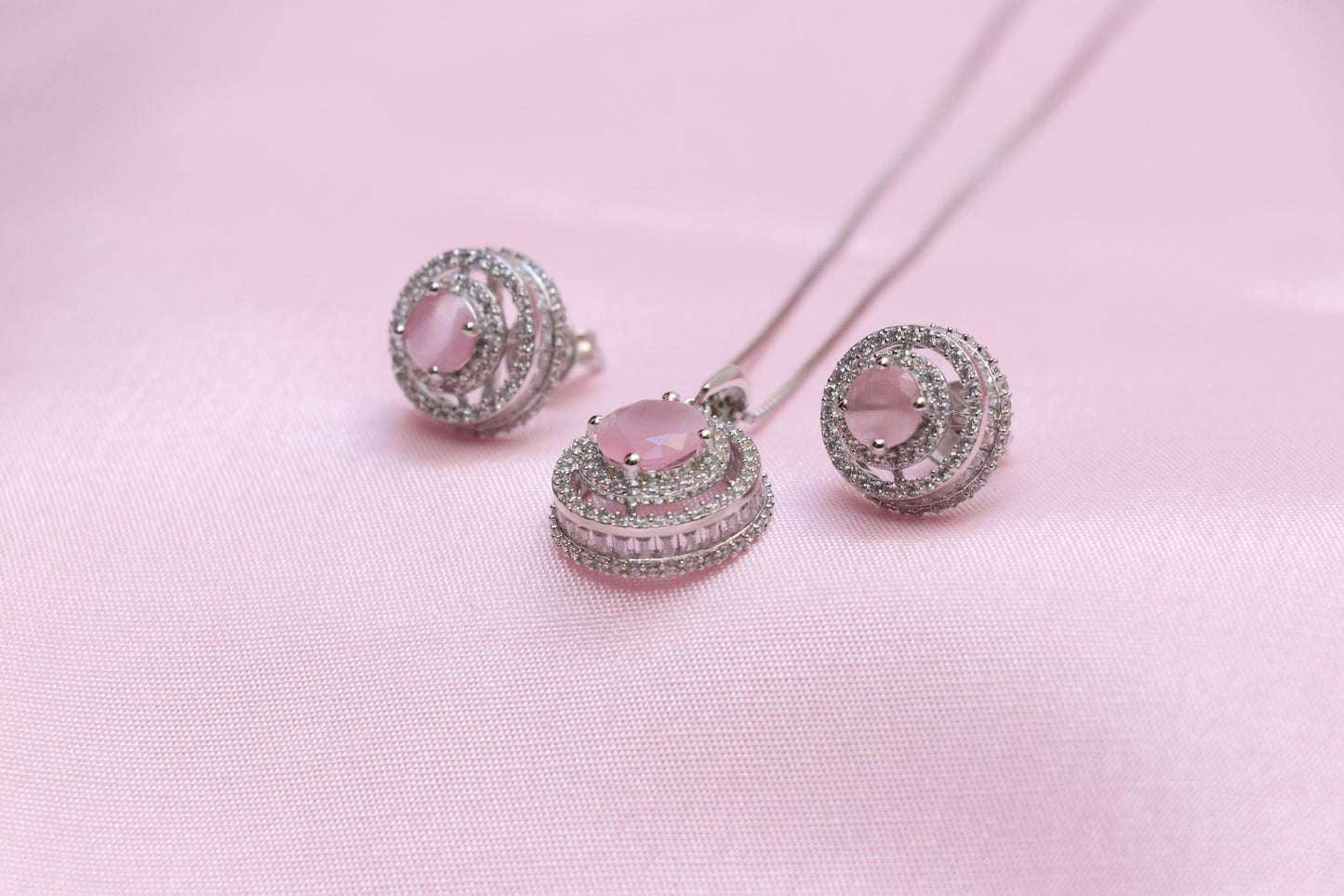 Silver Pink Stone Pendant Set