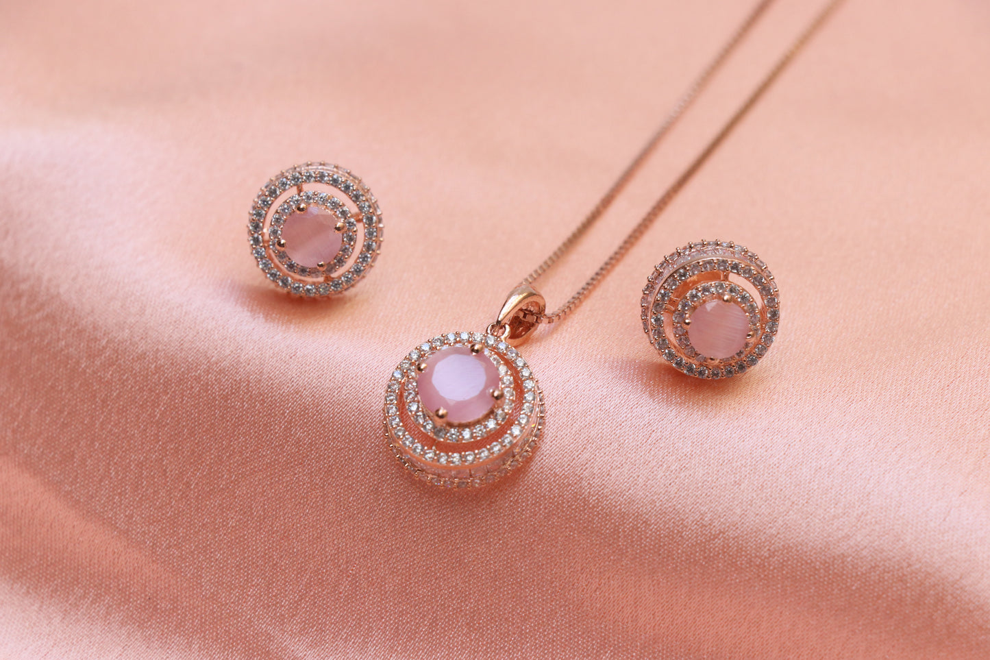 Rose Gold Pink Stone Pendant Set