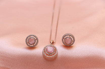 Rose Gold Pink Stone Pendant Set