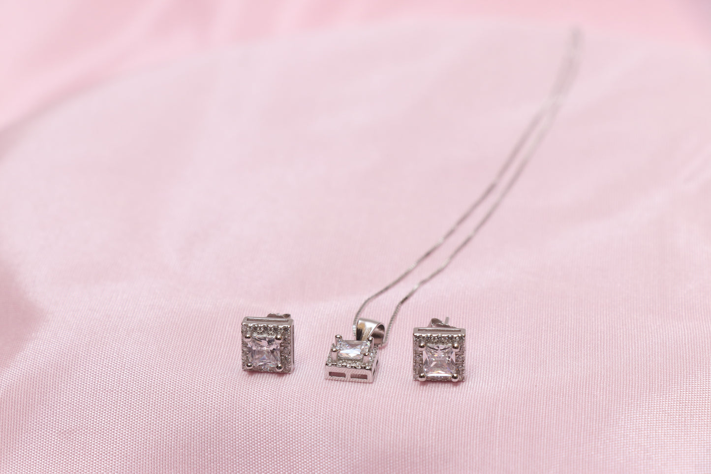 Silver Li'l Square Solitaire Minimal Pendant Set