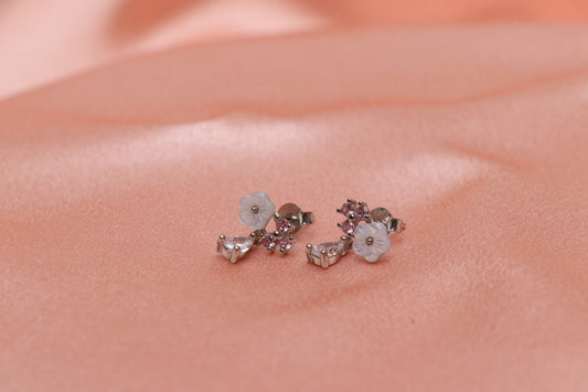 White Flower Silver Drop Earrings