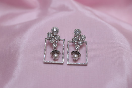 Pearl Rectangle Silver Drop Earrings