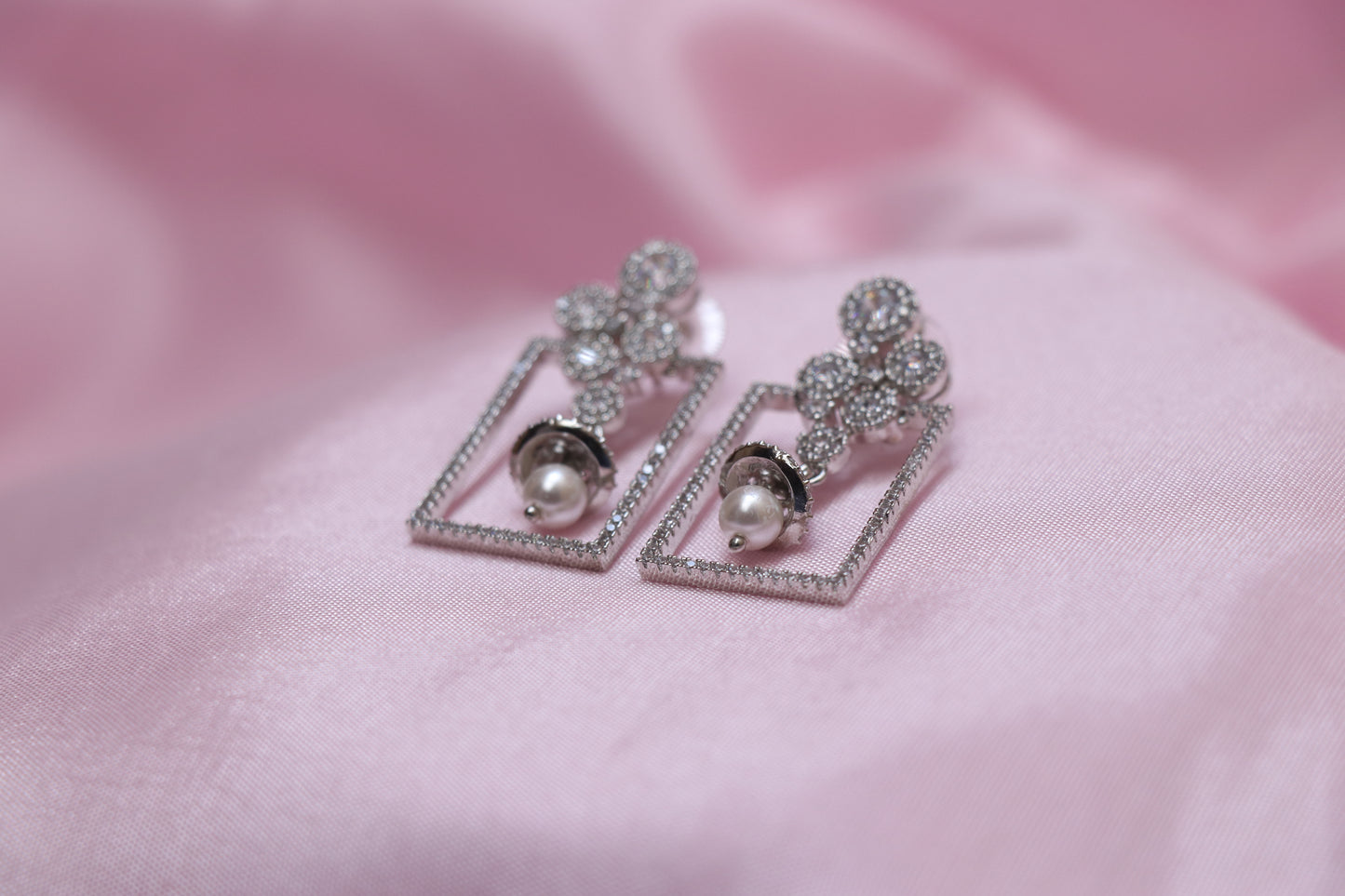 Pearl Rectangle Silver Drop Earrings