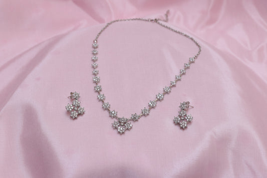 Rhodium-Plated Stone Studded Necklace & Earrings Set