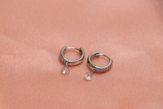 Solitaire Diamond Studded Silver Hoop Earrings