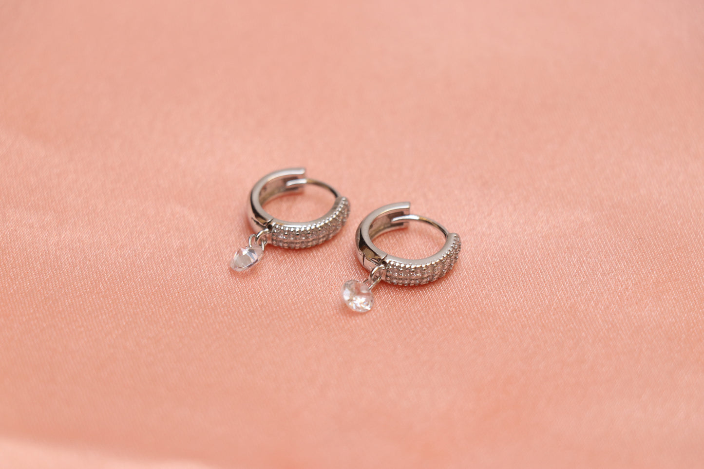 Solitaire Diamond Studded Silver Hoop Earrings