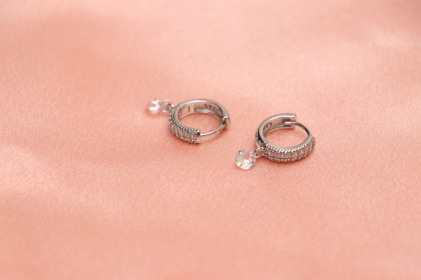 Solitaire Diamond Studded Silver Hoop Earrings