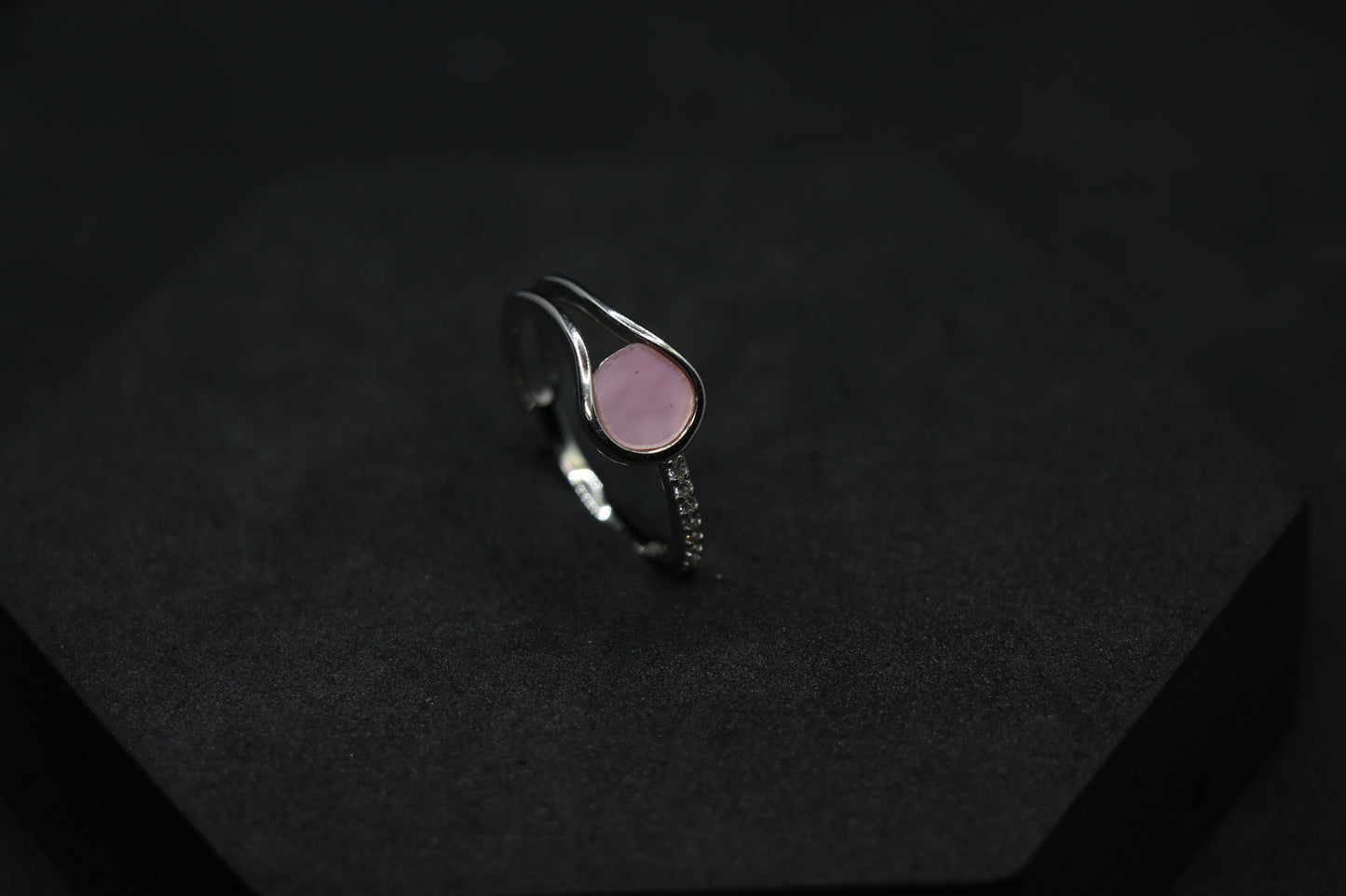 Glossy Pink Stone Studded Silver Ring