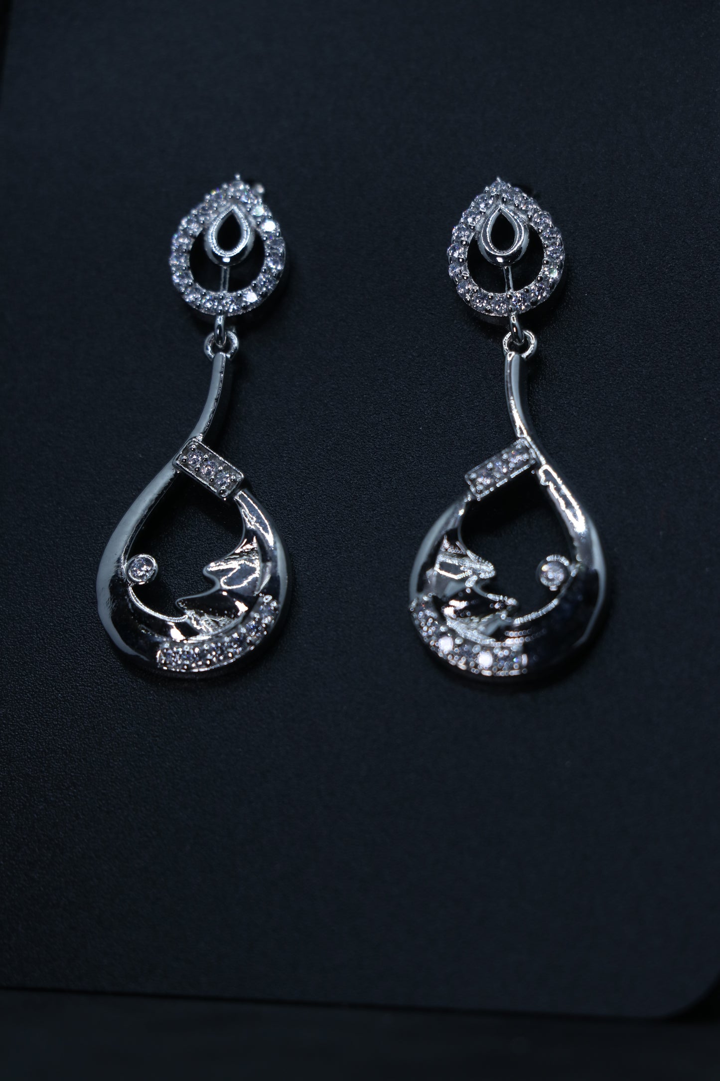 Diamond Studded Silver Drop Earrings