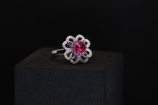 Rotatable Red Silver Cocktail Ring