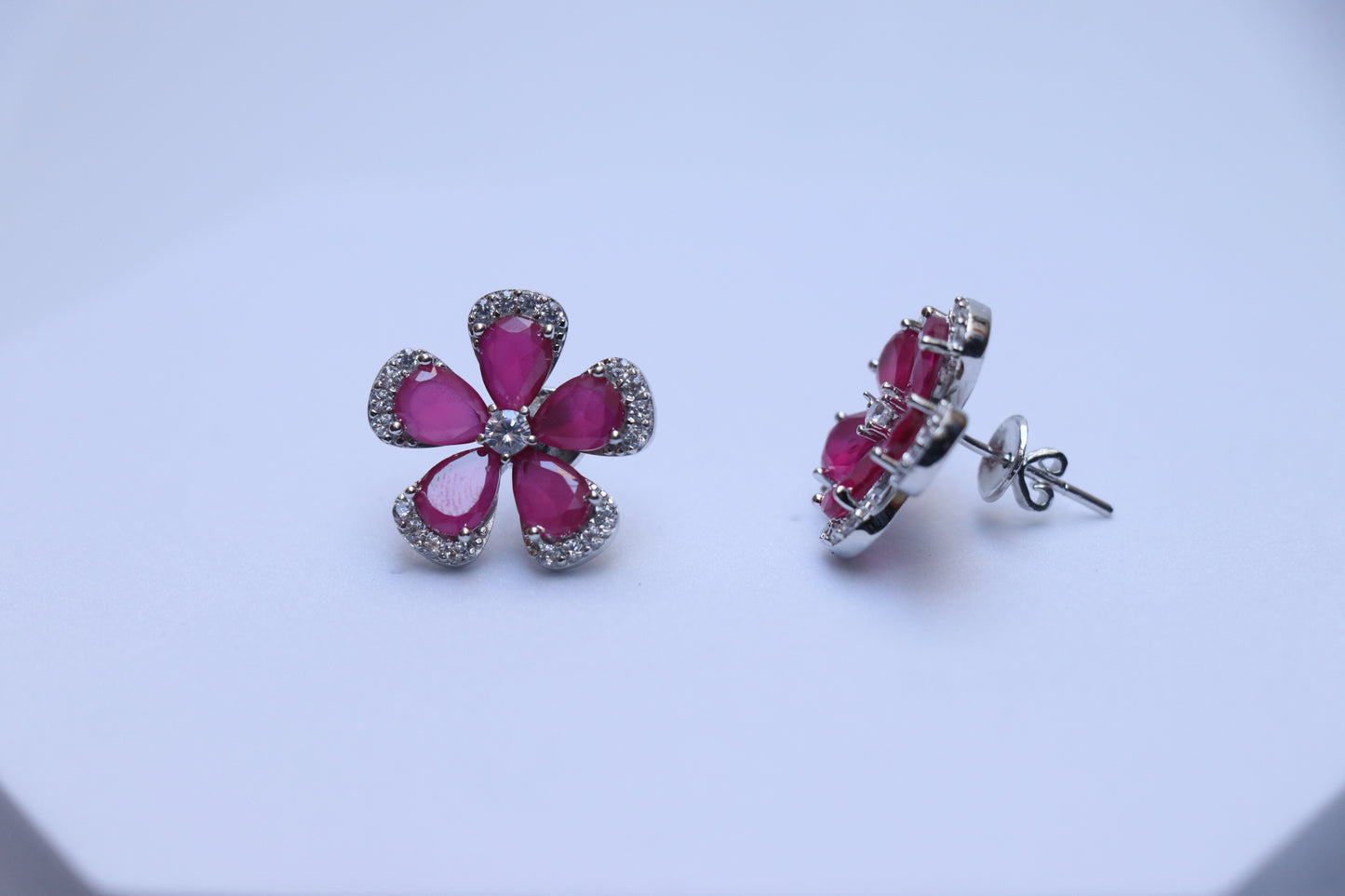 Flower Ruby White Cluster Earrings