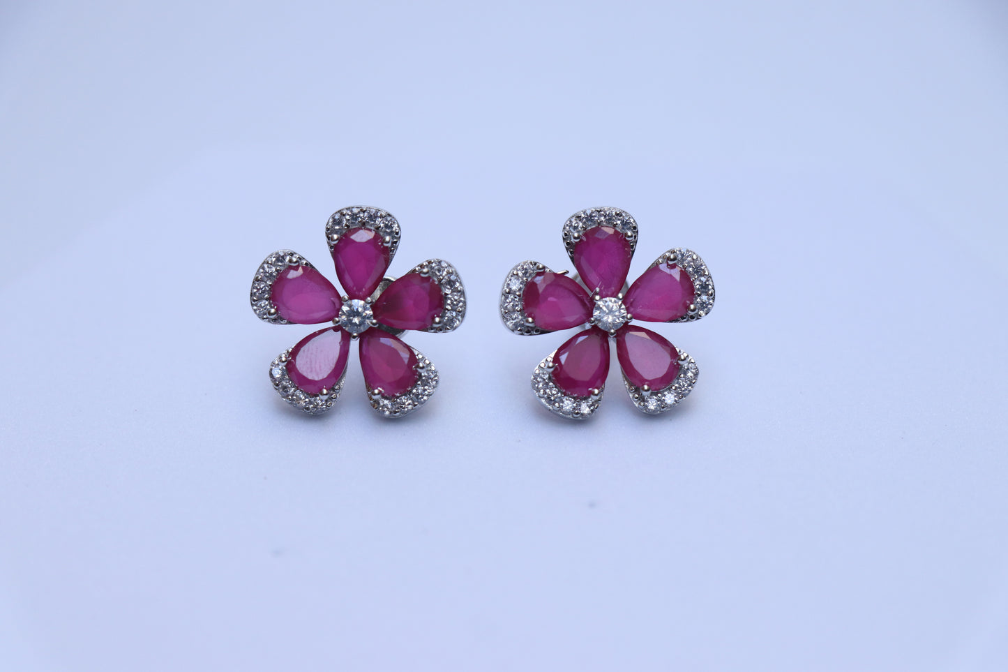 Flower Ruby White Cluster Earrings