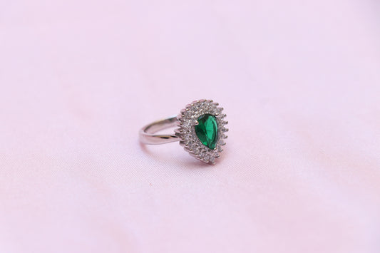 Studded Drop Emerald Silver Ring